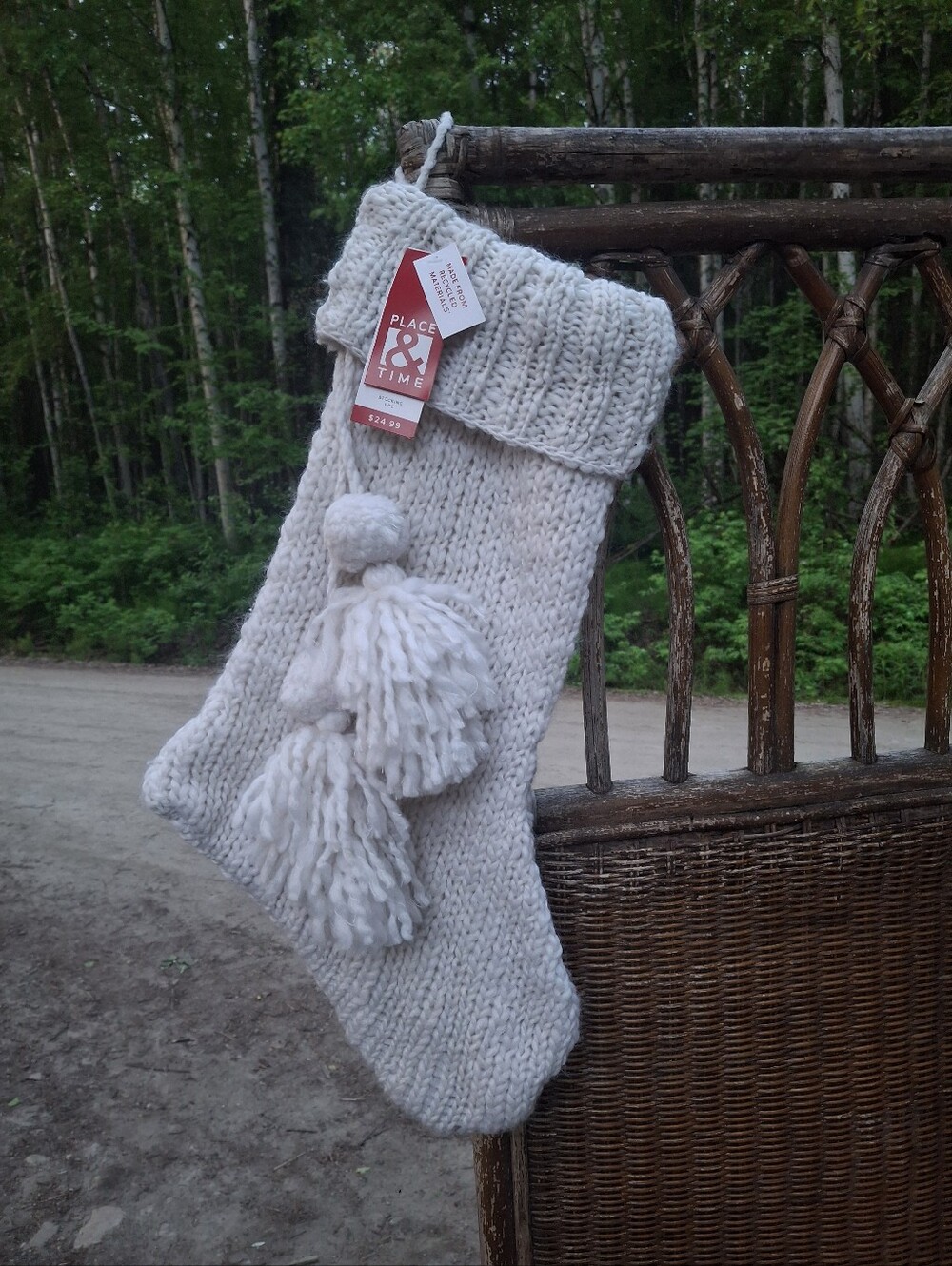 Place & Time Cream Knit Holiday Stocking with Tassels